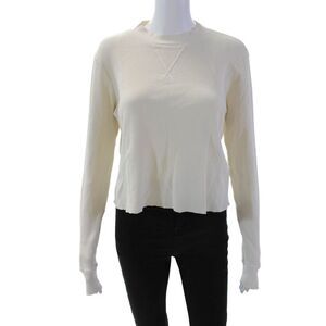 Mate Womens Long Sleeve Crew Neck Waffle Knit Shirt White Cotton Size Small